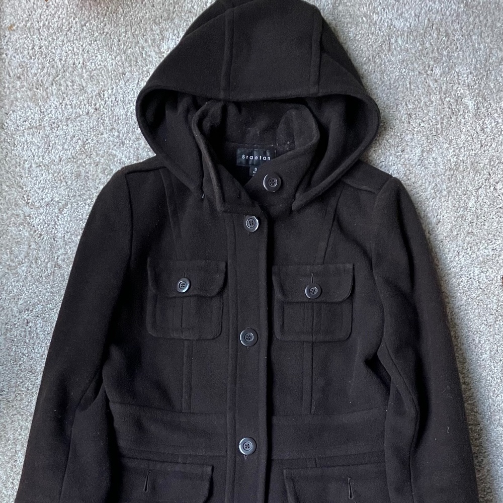 Long brown button up jacket coat with hood - Small